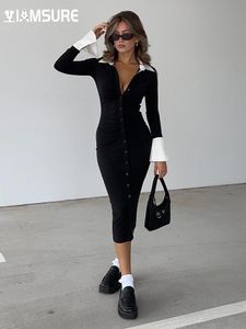 カジュアルドレスIamsure Eleganta Fashion Folds Bodycon Shird Dress Sexy Slim Turn Down Down Collar Long Sleeve Midi for Women Autunt Spring230325