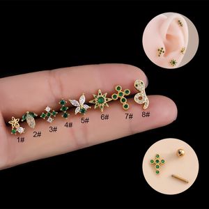 Nose Rings Studs 1PC Green CZ Stud Earring for Women Earrings Fashion 20G Stainless Steel Butterfly Snake Cross Ear Screw Piercing Jewelry 230325