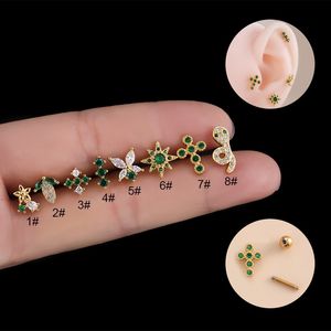 Näsringar Studs 1pc Green CZ Stud Earring for Women Earrings mode 20g rostfritt stål fjäril Snake Cross Ear Screw Piercing smycken 230325