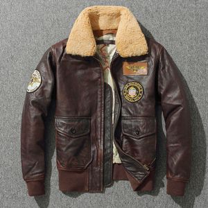 Men's Leather Faux G1 Thick Pilot Jacket Vintage Brown Loose Coat Wool Collar Classical Military Bomber 100 Natural Cowhide 230324