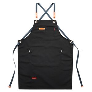 Förkläden Cowboy Canvas Förkläde med fickor Koreansk mode kinesisk restaurang Barber Artist Apron för män och kvinnor overaller kafé 230324