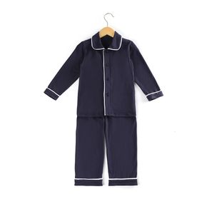 Pajamas 100% Cotton Navy Solid Color Boys Girls Sleepwear Button Family Matching Children Christmas Ruffle Kids Pyjamas 230325