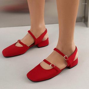 Dress Shoes Summer Daily Leisure Flock Closed Square Toe Sandals Female Thick Block Med Heels Purple Black Red Casual Womens 2023