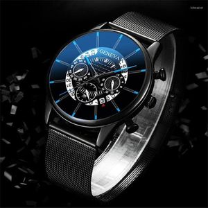 Wristwatches Luxury Men's Fashion Business Calendar Watches Blue Stainless Steel Mesh Belt Analog Quartz Watch Relogio Masculino
