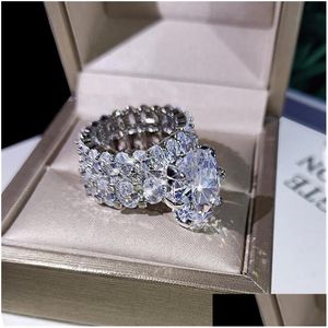 Jewelry 2021 New Sparkling Luxury Couple Rings Large Oval Cut White Topaz Cz Diamond Gemstones Women Bridal Ring Set Drop De Dhddq