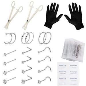 Nose Rings Studs WKOUD 34PCS Piercing Kit Includes Lip Stud Steel Needles Clamps Nail Hoops for jewelry Tools Supplies 230325