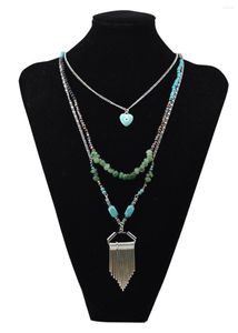 Pendant Necklaces Boho Vintage Red Green Stone Bead Crystal Link Chain Maxi Necklace Women Collar Heart Multilayer Long Tassel &