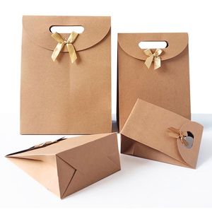 Present Wrap 1pc Portable Bow-Knot Kraft Paper Bag Home Party Packaging Square Bottom Candy Bread Baking Födelsedagar Juldekor