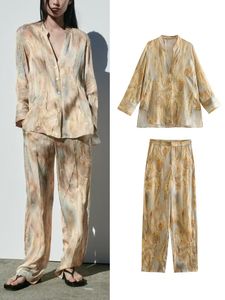 Women's Two Piece Pants Sets Shirts Set 2023 Spring Summer 2 Pieces Trousers Tie Dye Asymmetric High Waist Straight Suit 230324