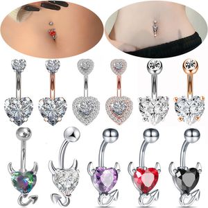 Nose Rings Studs Punk Style Heart Navel Belly Button Devil Shape Red Zircon Piercing Stainless Steel Body Jewelry Women Gifts 230325