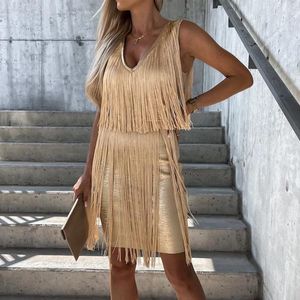 Casual Dresses OL Style Elegant Tassel Bodycon Party Dress Spring Deep V Neck Slim Mini 2023 Summer Sleeveless Tank Women Vestidos