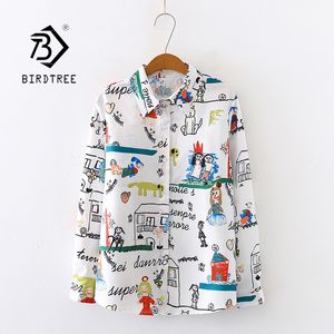 Damenblusen Hemden Frühling Frauen Cartoon-Doodle-Druck Chiffonbluse Herbst Langarm Weißes Hemd Vintage Lose Tops Feminina Blusa T9D74 230325