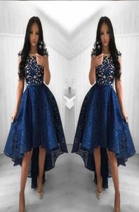 2021 Vintage Navy Blue Lace Cocktail Dresses Neck High Low Short Party Prom Gowns Homecoming Dresses Arabic Vestidos Evening Dress1693027