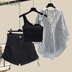 여자 2 조각 바지 여름 의류 세트 한국 레이디 캐주얼 느슨한 스트라이프 셔츠 검은 조끼 짧은 복장 학생 스트리트웨어 230325