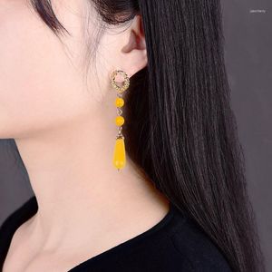 Dangle Earrings Yellow Jade Women 925 Silver Charms Jewelly Luxury Gemstone Amulet Stone Charm Natural Gemstones Amulets careved Real