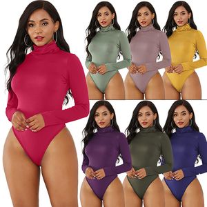 Womens Jumpsuits Rompers 10Color Long Sleeve High Neck Fit Allinone Pants Autumn Solid Skinny Vintage Turtleneck Bodysuit 230324