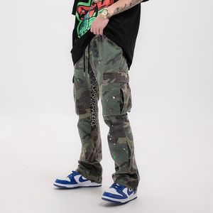 Calças masculinas streetwear carga hip hop angustiado camuflagem splash flared mulheres bolsos cordão baggy calças 230324