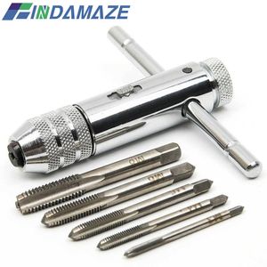 Adjustable Silver T-Handle Ratchet Tap Holder Wrench with 5pcs M3-M8 3mm-8mm Machine Screw Thread Metric Plug T-shaped