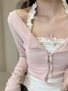 Magliette da donna QWEEK Moda coreana Girly Set da due pezzi Donna Y2K Egirl Fairycore Maglietta a maniche lunghe rosa Slim Harajuku Sweet Cute Tanks