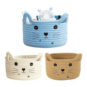 Storage Boxes Bins Cute Cat Storage Basket Cotton Woven Desktop Organizer Basket Cat Cotton Jute Decorative Storage Baskets For Toys Home Organizer P230324