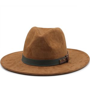 Stingy Brim Hats Men Suede Fedora Warm Jazz Hat Chapeau Femme feutre Panaman cap Felt Women Fedora Hats with Pearls Belt Vintage Trilby Caps 230325