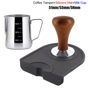 Pressini 51mm 53mm 58mm Manico in legno Tamper Coffee Powder Hammer Tampers Caffè Tappetino in silicone Latte Pull Cup Accessori per caffè personalizzati 230324