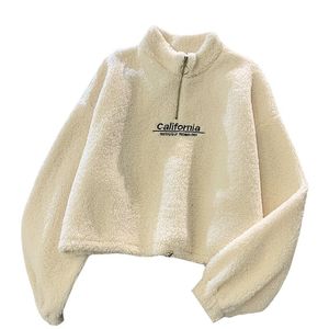 Women s Hoodies Sweatshirts Cashmere Short High Collar Women Thicken Loose Korean Autumn Zipper Coat Embroider California Letters Sweatshirt Femme 230325