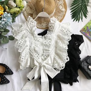 Kadın bluzları kadınlar v yaka dantel kanca çiçekleri açık işçilik fırfırlı yelek gömlekleri yüksek bel yukarı katlanmış bowtie mahsul üstleri blusas camisas