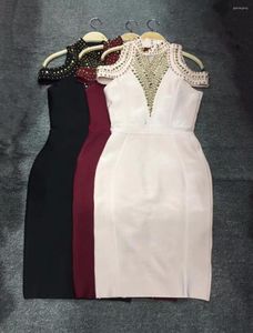 Robes décontractées Est Top qualité perles noir bordeaux marron Beige dos nu robe de pansement soirée élégante en gros