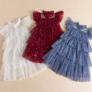 Flickans klänningar 2023 paljettfest för tjej glänsande stjärnmönster båge onsdag karneval kostym barn jul nyår barn y2303