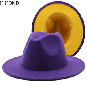Stingy Brim Hats Unisex Purple Yellow Patchwork Wool Fedora Men Women Wide Panama Party Trilby Cap Fashion Jazz 230325