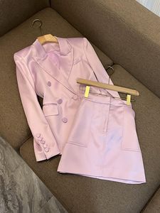 Two Piece Dress Casual Cutting Satin Fashion Office Suit Doublebreasted Blazer A Line Skirt Women Bright Color 2Pcs 230324