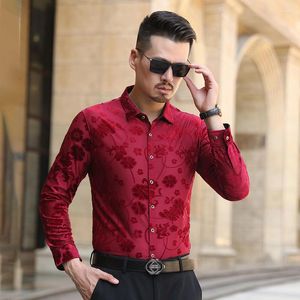 Herrklänningskjortor Pure Color Silk Hollow Breattable Quality Luxury Long Sleeve Shirt Black Spunautumn Fashion Slim Gold Velvet Men