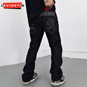 Pantalones vaqueros para hombre Y2K Retro rasgados estrellas letras bordadas negro hombres pantalones Hip Hop bolsillos rectos ropa informal lavada pantalones de mezclilla para hombre