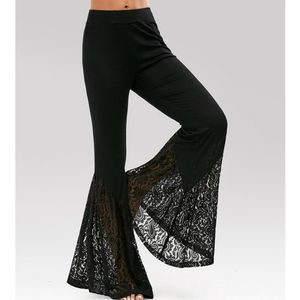 Men's Pant High Waist Hollow Out Lace Flare Patchwork Skinny Trousers Casual Spring Ladies Wide Leg Black Y2k 230324