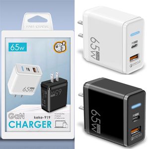 65W GaN Fast Charge Adapter Type C PD Quick Charger EU US UK Plugs Adapter For iPhone 14 Xiaomi Huawei for MacBook Laptop wall plug adapter with box