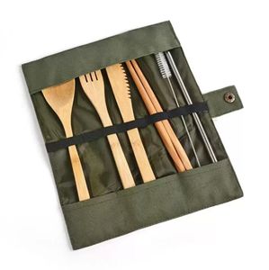 Trävaror Set Bamboo Teskoon Fork Soup Knife Catering Cutery Set med tygpåse Kök Köksverktygsredskap RRA