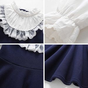 女の子のドレスカレッジスタイルのベビーガールズドレス秋の春の子供パッチワーク秋の服の子供長袖の青い白
