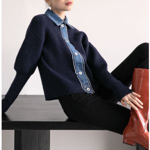 Women's Knits Tees XXS4XL Spring Autumn Denim Patchwork Knitted Cardigan TurnDown Collar Single Breasted Vingtage Knit Coat Korean Sweater Jacket 230324