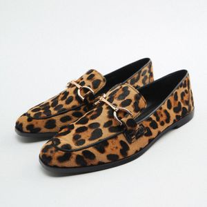 Sandali Primavera Scarpe da donna Stampa leopardata Pelliccia di mucca Vuoi casual Mocassino a fondo piatto Donna Tacco basso Testa tonda Singolo 230325