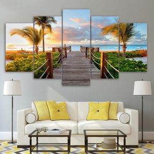 Resimler modüler resimler çerçeve hd baskı modern ev dekor 5 panel sahil tahtası yürüyüş avuç içi plaj oturma odası duvar sanat boya canvaspai