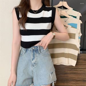 Damen Tanks Gaodinglan Sommer Frauen Ärmellose Gestreifte Weste Gestrickte Tank Top Slim Fit Sexy O Neck Tees Street Fashion Y2k Camis weibliche