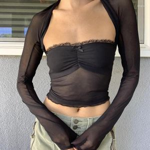 Damen-T-Shirts, sexy schwarzes Mesh-Shrug-Top, T-Shirt, Schlauchweste, 2-teilige Kleidung, schicke Frauen, Y2K-Spitzenbesatz, abgeschnittenes Leibchen, 00er-Jahre-Vintage-Streetwear