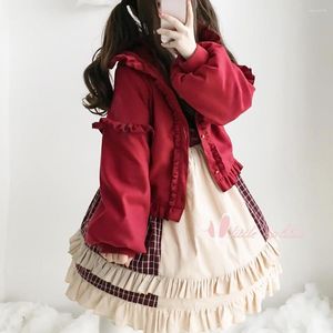 Kvinnors jackor 2023 lolita söt solid kvinnor japansk jacka söta ruffles kawaii kappor toppar tjock varma y2k beskuren huva chaqueta mujer