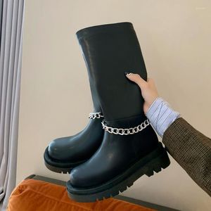 Boots Female Motorcycle For Women Autumn Winter Knee High Metal Chain Design Fashion Brand Women' Shoes Comfy On Sale