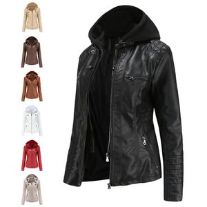 Damenjacken Große Größe S7XL Damen Lederjacke Abnehmbare Kapuze PU-Mäntel 230324