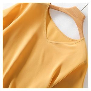 Magliette da donna siiye t-shirt in seta gialla femmina temperamento sciolto scollo a v-collo top top shir shir ff