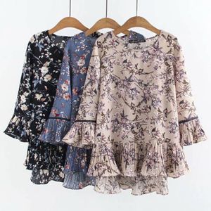 Kvinnors plus storlek tshirt chiffon eleganta kvinnor blusar sommarstoppar för kvinnor rufs tunic blommor blus kvinnliga kläder förlorar casual v2183 230324