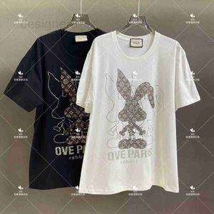 女性用TシャツデザイナーハイラグジュアリーTシャツ重工業ホットダイヤモンドドンキーダブルウサギラウンドネックルーズスリムショートスリーブトップIB5L