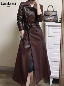 Women's Jackets Lautaro Spring Autumn Long Wine Red Soft Faux Leather Trench Coat for Women Belt Double Breasted Luxury Elegant Fashion 230324